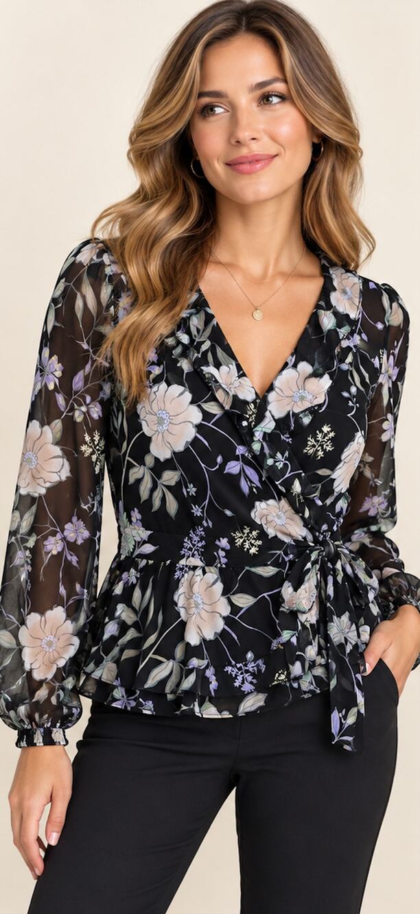 Calvin Klein Floral Faux Wrap Peplum Blouse Black Purple M NWT